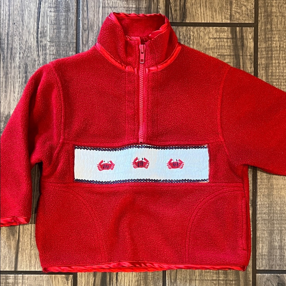 Red Kids Fleece Jacket with Crab Smocking